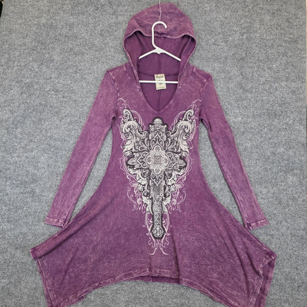 Vocal Tunic Dress Womens Small Purple Rhinestone Cross Asymmetrical Hem Goth